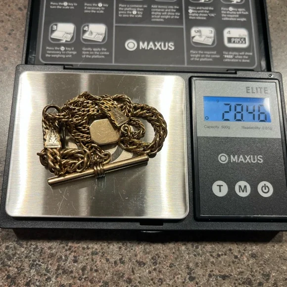28.46 Gram Gold Filled Albert Chain with Dog Clip, T-Bar and Slide Charm- Flaw - Picture 6 of 17